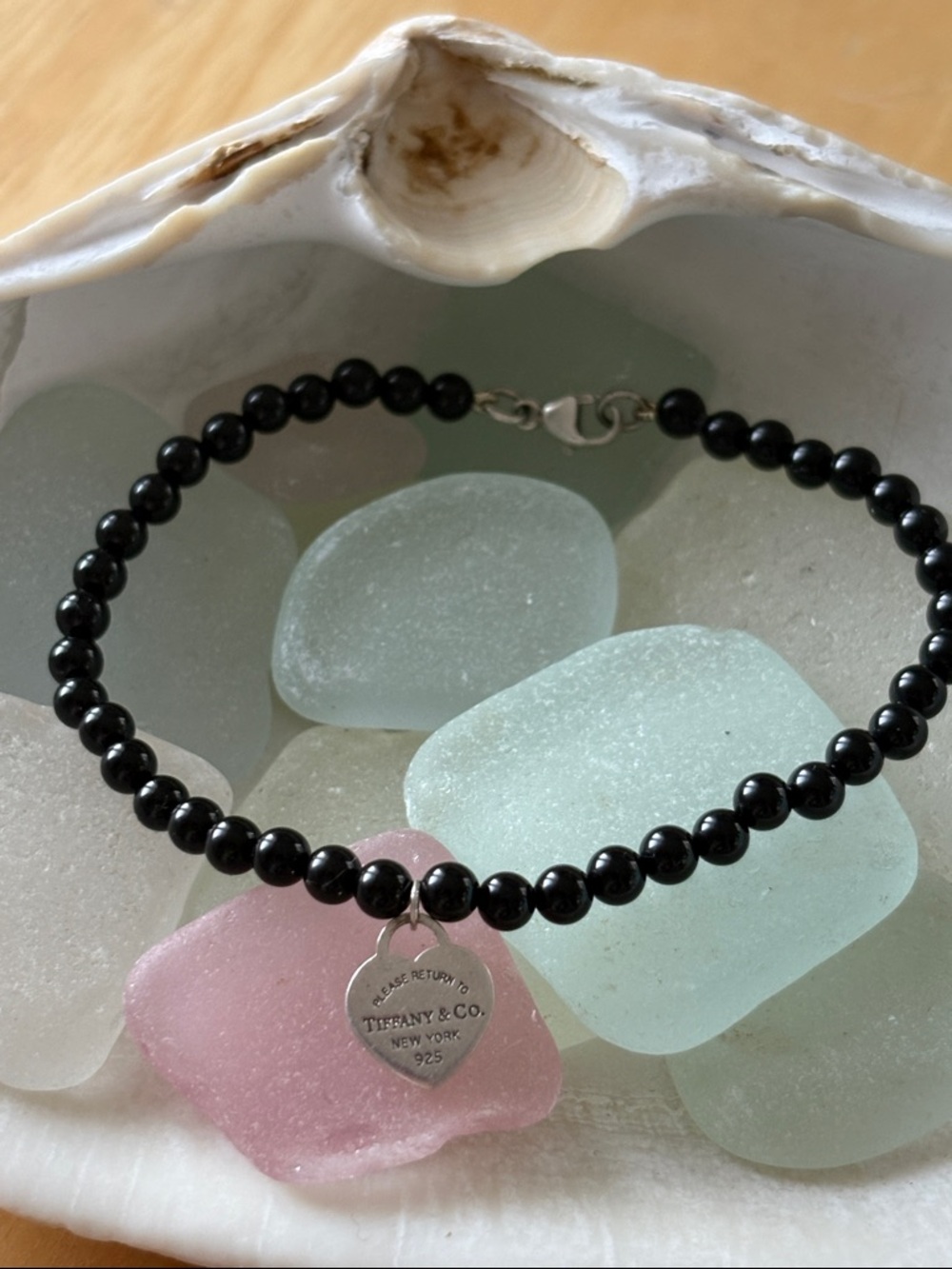 Tiffany & Co. Black Onyx Beaded Bracelet with Heart Charm
